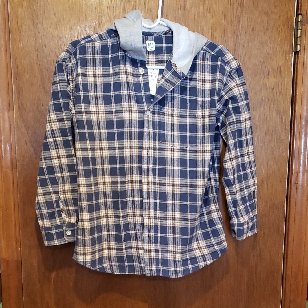 NWT GAP Kids Navy and Cream Plaid Flannel Shirt with Hood